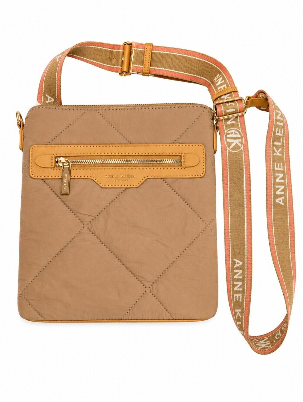 Anne Klein Tan and Pink Quilted Guitar Strap Crossbody Sling Bag